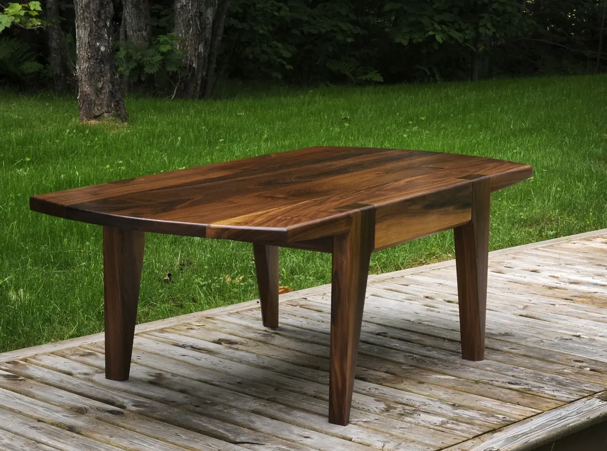 Walnut table with tapered legs on a deck